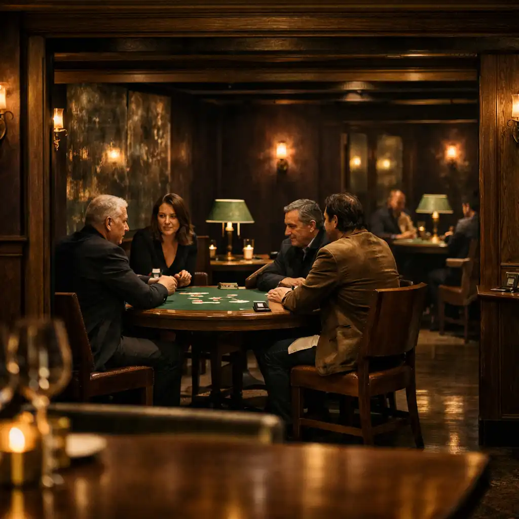 View from a restaurant threshold into a lamp-lit Melbourne Card Room with real poker tables
