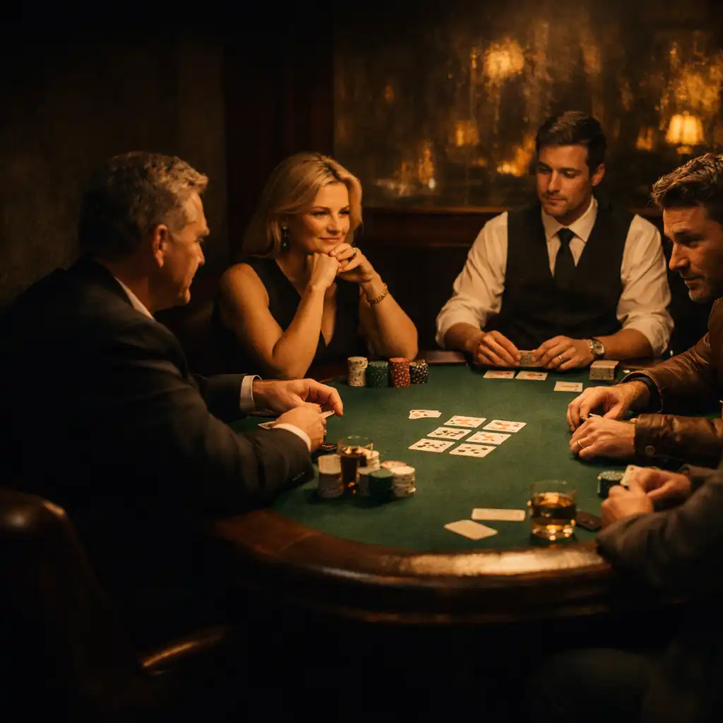Adults and a dealer talking across a bottle-green felt poker table under warm lamps in an intimate Melbourne Card Room