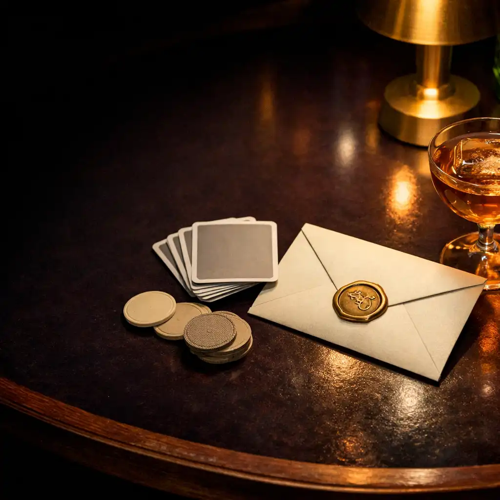 A sealed oatmeal envelope beside playing cards, a cocktail and neutral poker chips on a dark blackberry restaurant table