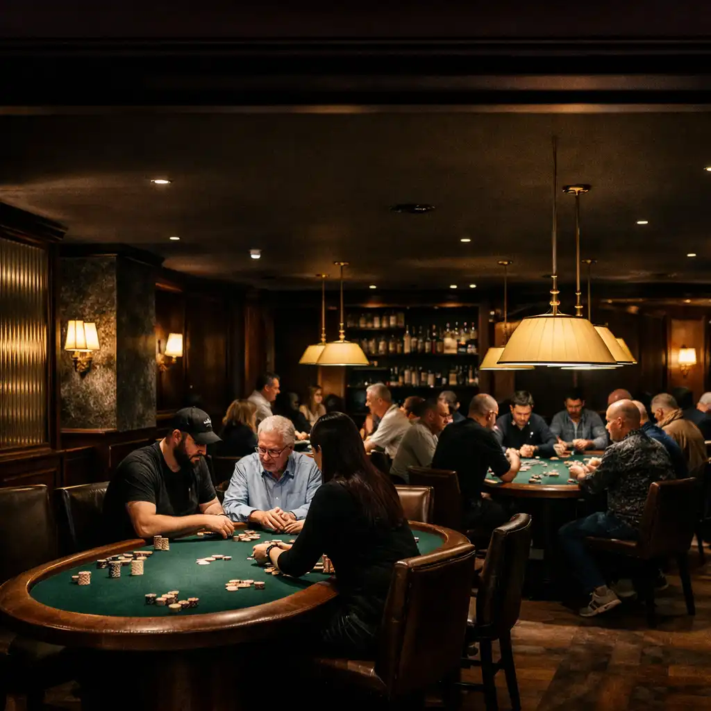 People seated face to face at bottle-green felt poker tables in Giro Felizz's softly lit Card Room.