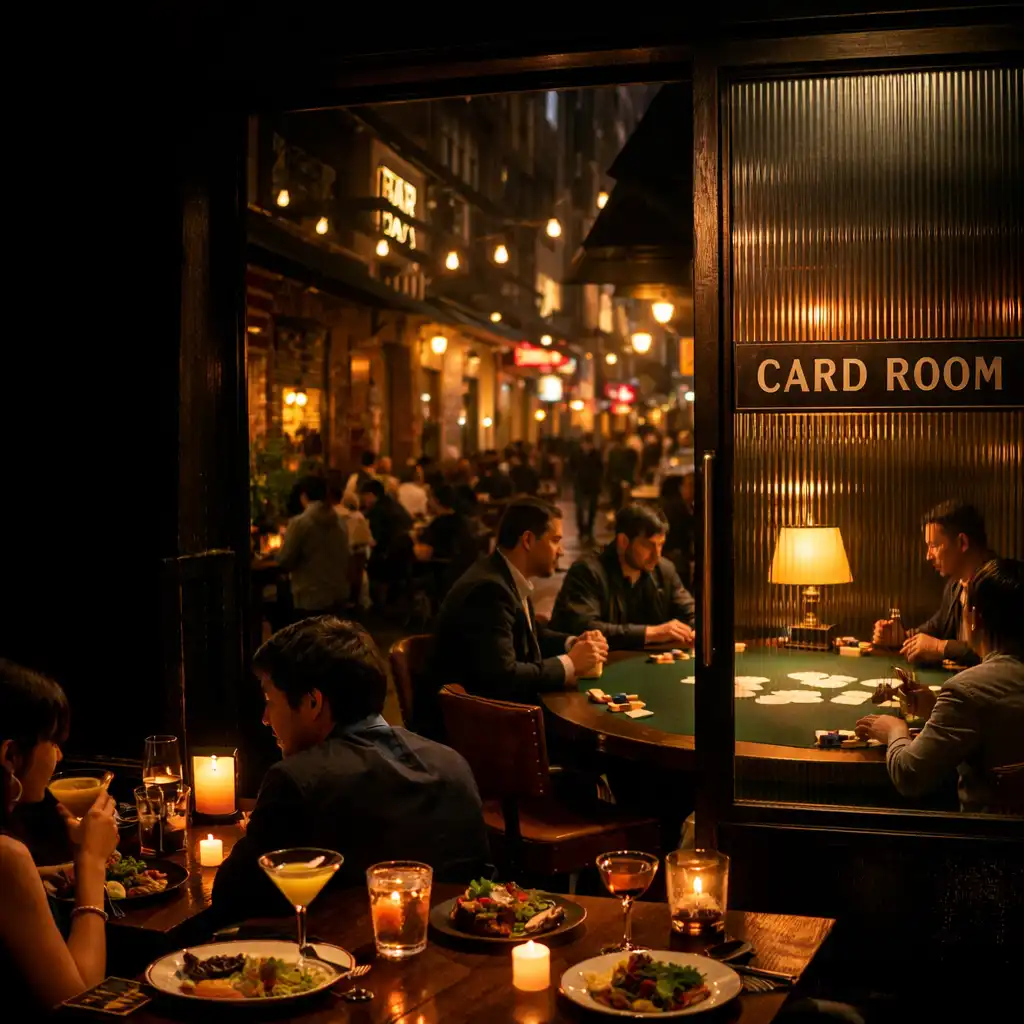 Warmly lit Melbourne dining room with a ribbed-glass Card Room doorway behind the bar, where people play poker face to face.