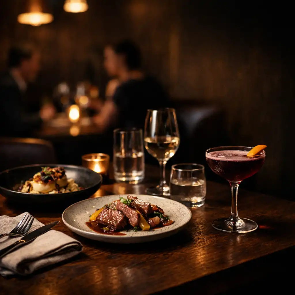 Contemporary Australian plates and a cocktail on a dark timber table in a warmly lit Melbourne restaurant.