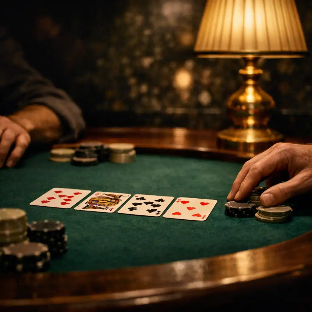 Two players' hands around real cards and neutral chips on a bottle-green felt poker table under a warm table lamp.