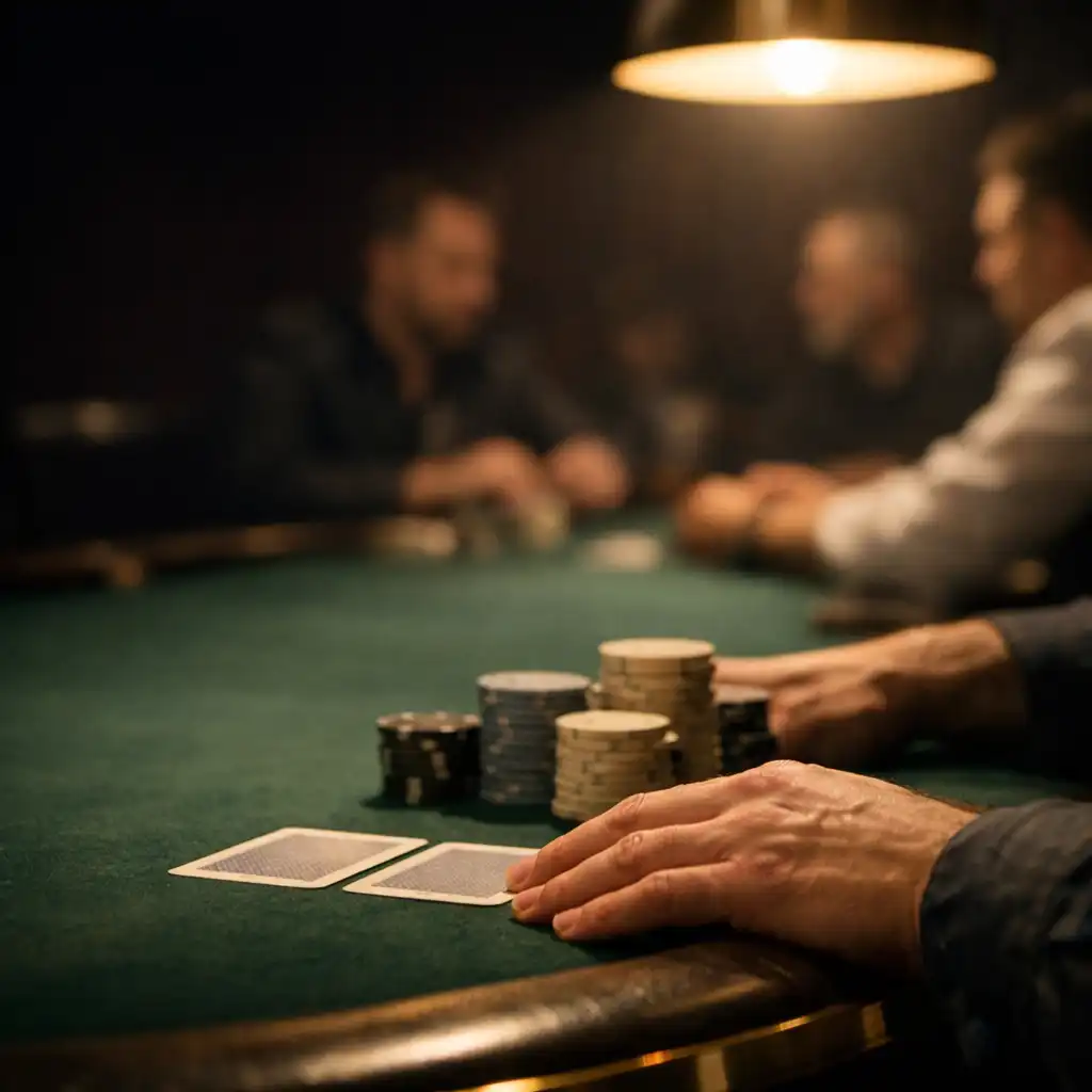 Hands, real playing cards and neutral chips on bottle-green felt beneath a warm lamp at a Texas Hold'em table.