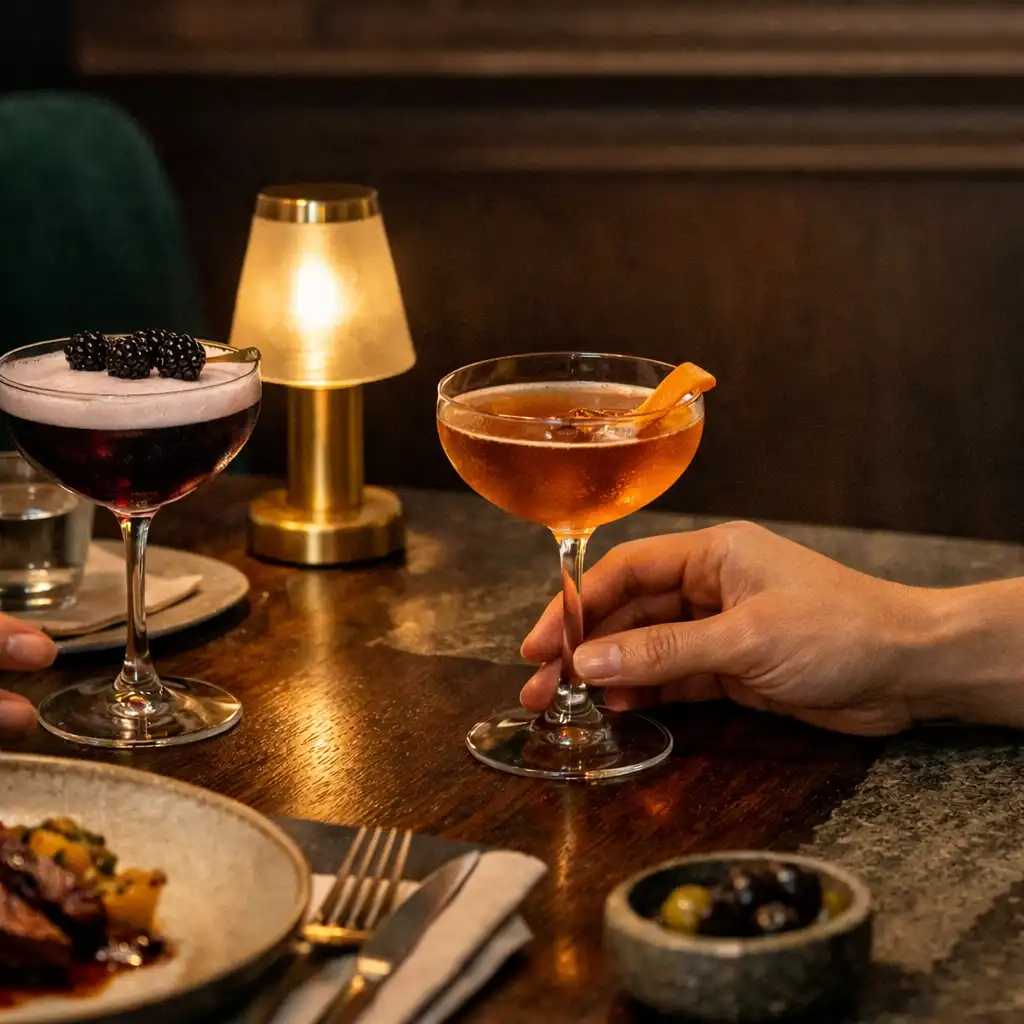 Cocktails, warm lamp light and diners' hands at an intimate late-night restaurant table