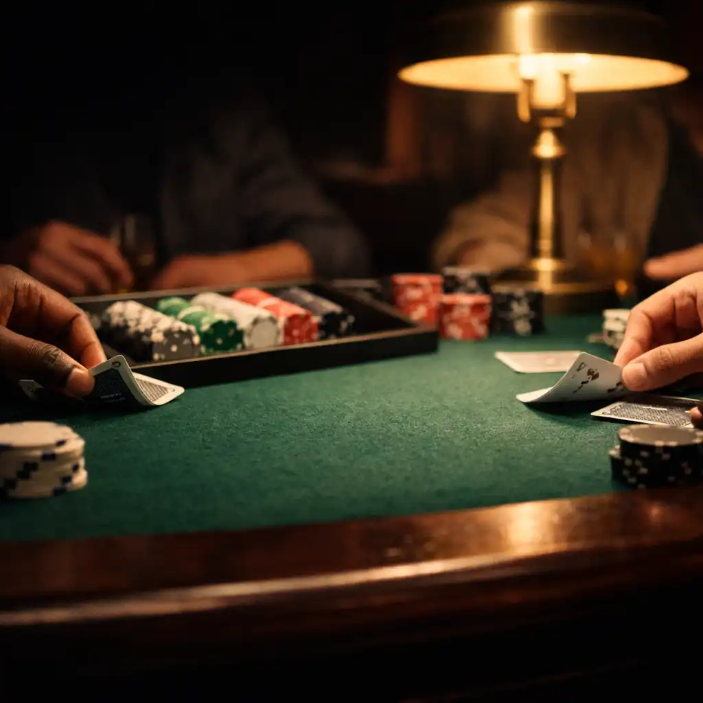 Adult hands arranging playing cards on bottle-green felt beneath a warm table lamp