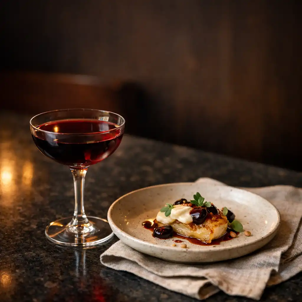 Cocktail and composed plate on a dark granite restaurant table