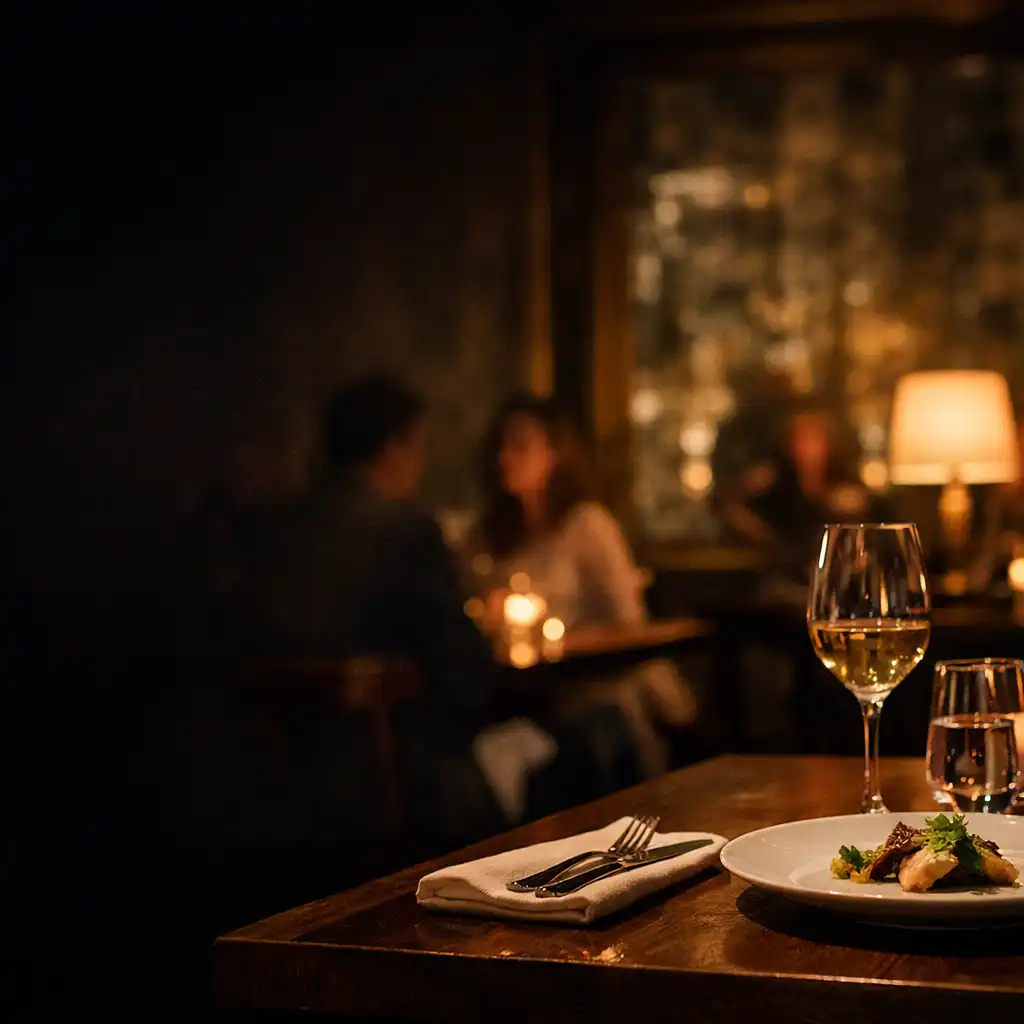 Warmly lit table setting in a refined Melbourne dining room at night