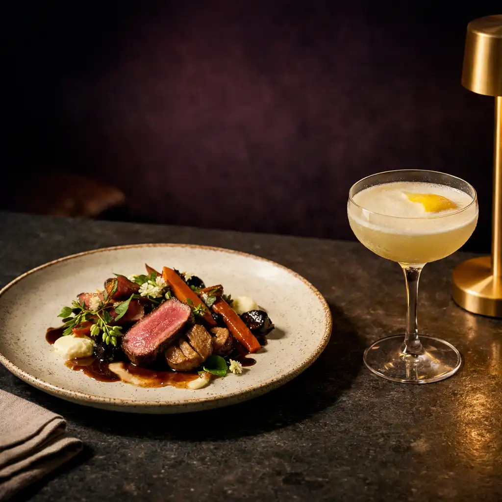 Elegant unnamed restaurant plate on dark stone beside folded linen
