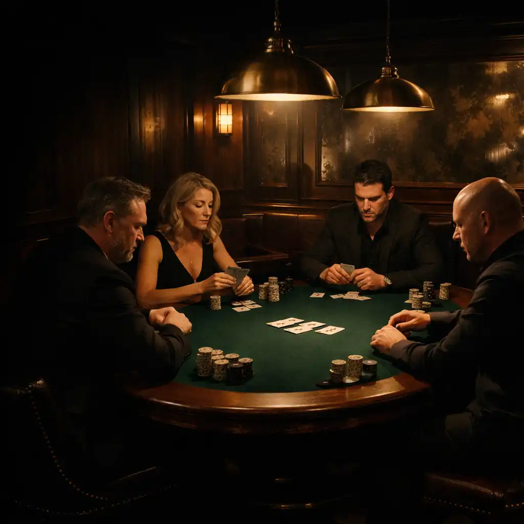 An intimate Card Room with adults seated face-to-face around a bottle-green poker table