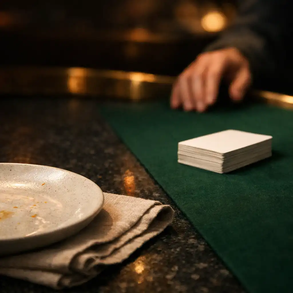 A modern Australian plate, oatmeal linen and plain playing cards meeting bottle-green felt