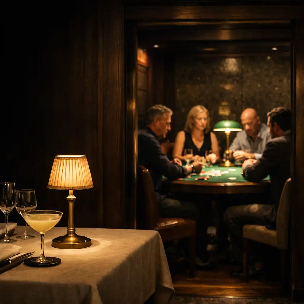 Warm Melbourne restaurant light leading towards adults gathered around a bottle-green poker table