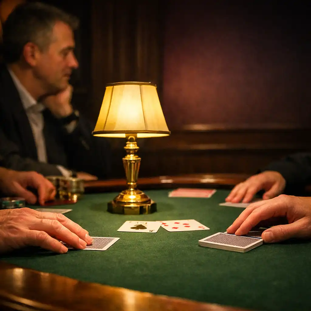 Adult hands resting near plain cards on bottle-green felt under a warm brass table lamp