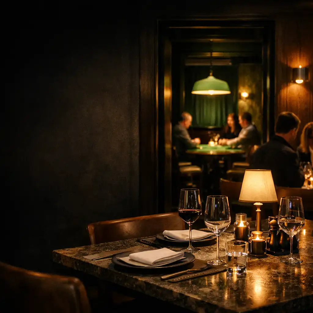 Low-lit Melbourne restaurant dining scene with a Card Room suggested beyond a dark doorway