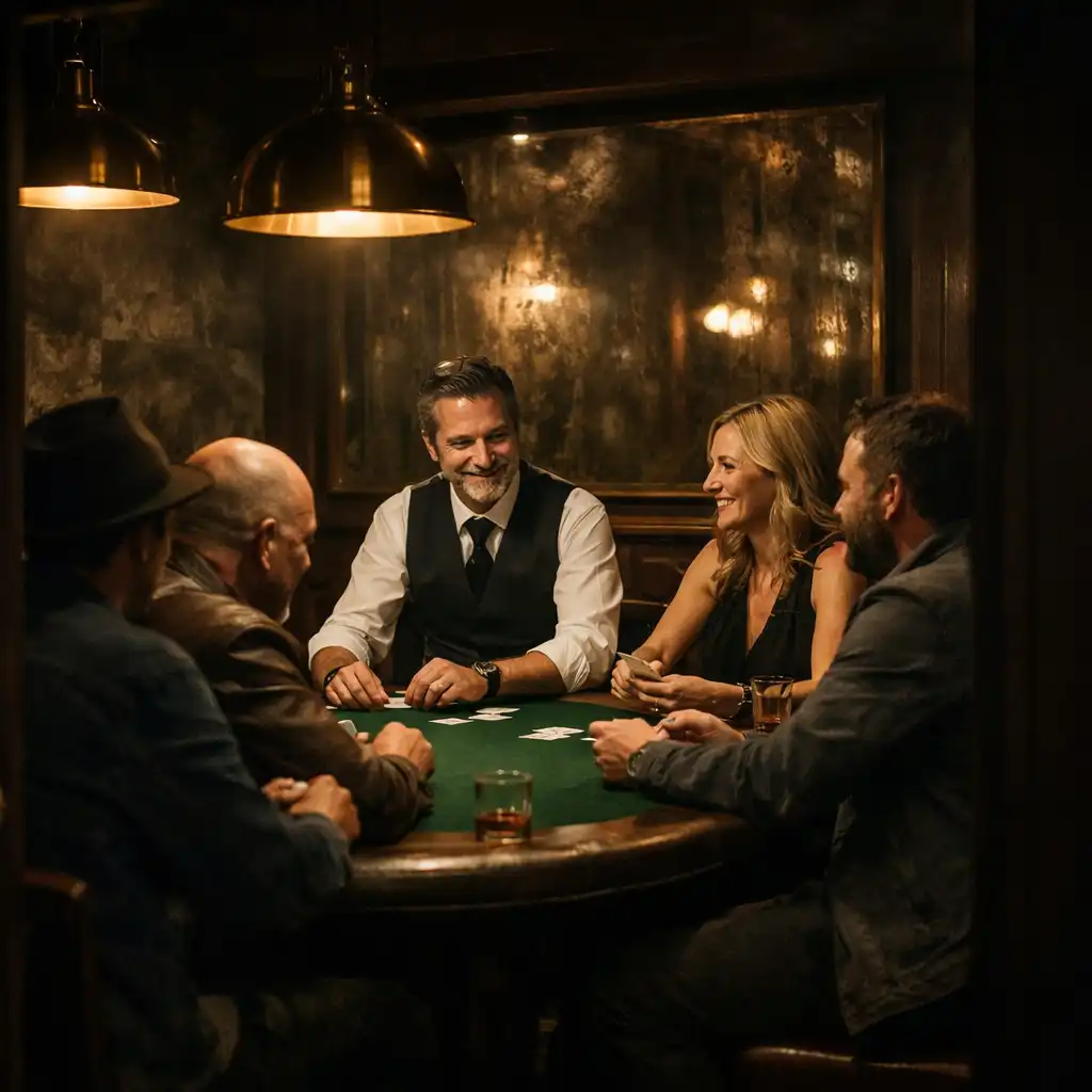 An intimate Melbourne Card Room with a Bottle Green felt table, warm lamps and poker players in conversation