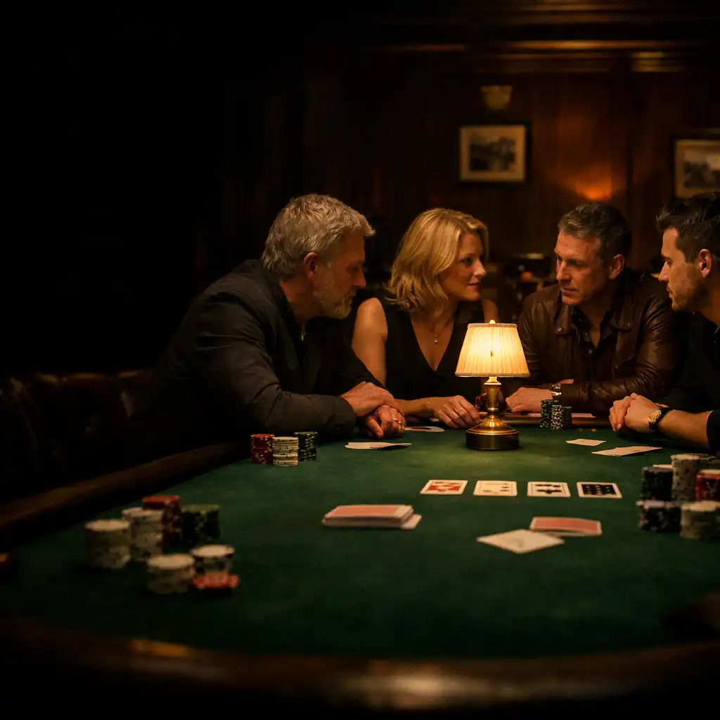Adult poker players gathered around a Bottle Green felt Texas Hold’em table under warm Card Room lamps
