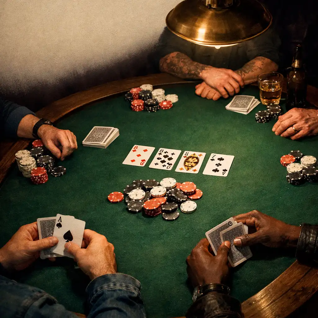 Adult hands holding real playing cards over Bottle Green felt at a physical Texas Hold'em table