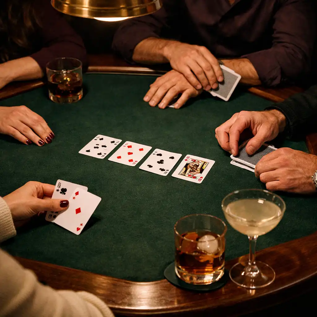 Several adult hands sharing cards and conversation around a warmly lit Bottle Green poker table