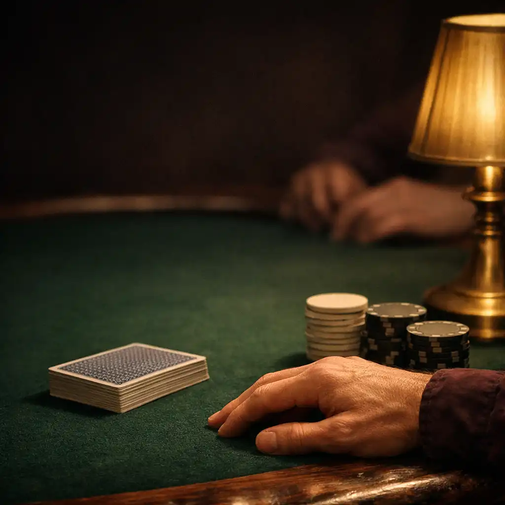 Bottle Green felt poker table with a deck of cards, a player's hand and warm brass table light