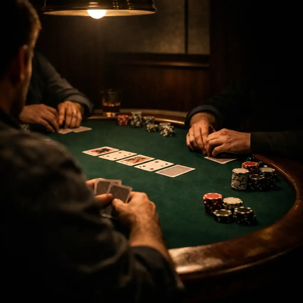 Attentive hands around a Texas Hold’em table under warm light in a Melbourne Card Room